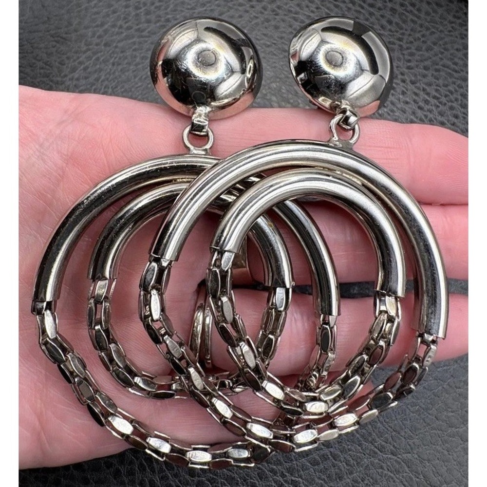 VTG 80s Huge Runway Mesh Hoop Dangle Clip On Earrings Statement Bold Silver Tone